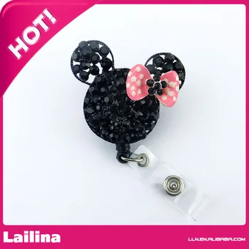 

Black Rhinestone White Dot Pink Bow Minnie Mouse Head Retractable Black Badge Reel/ID Badge Holder/Pendant/Id Badge Holder
