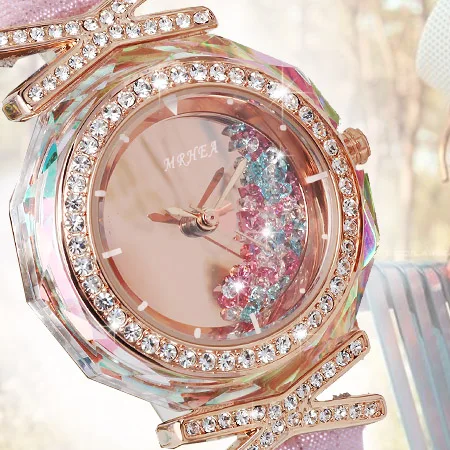 

Fashion Watch Pink Crystal Quick Sand Watch Female Zircon Korean Personality Leisure Leather Watch Strap Lady Watch