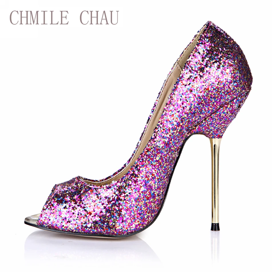 

CHMILE CHAU Glitter Sexy Bridal Party Shoes Women Peep Toe Stiletto Iron High Heel Ladies Pumps Plus Sizes Zapatos Mujer 3845-a4