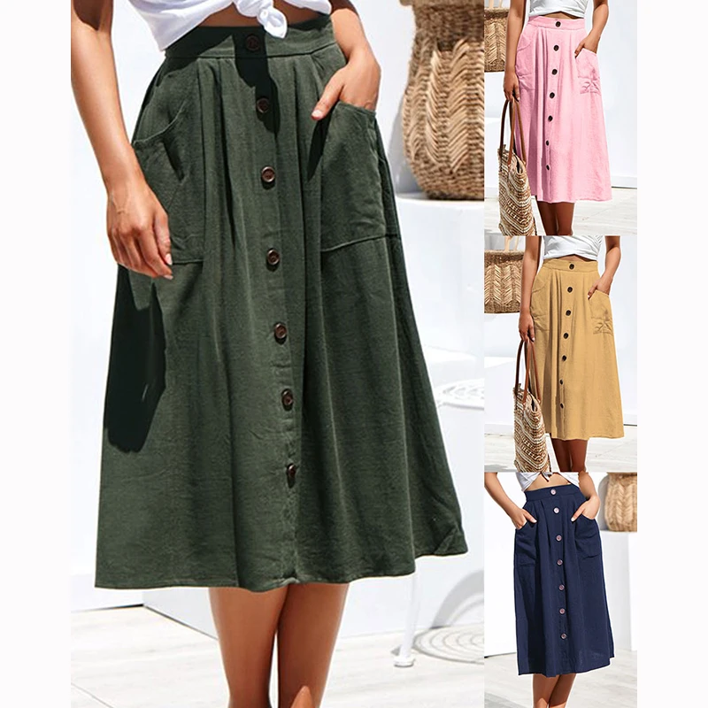 

Women Maxi Skirt Summer 2019 High Waist Button Skirts Womens Fashion Cotton Elegant Long Skirts Ladies Casual Female With Pocket