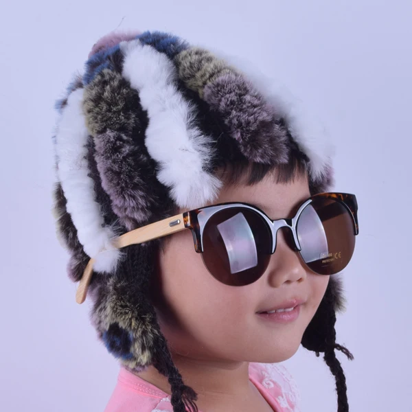 Raglaido детская зимняя шапка для девочек, зимние шапки, меховая шапка из натурального кролика Вязанные Трикотажные Шапочки, аксессуары, теплая шапка-бомбер с ушками, детская шапка LQ11178 - Цвет: White Yellow Purple