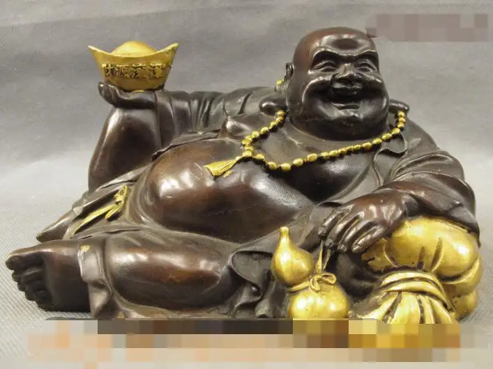 

S01319 Folk Chinese Bronze Gilt Buddhism Happy Laugh Maitreya Buddha Recumbent Statue (B0328)