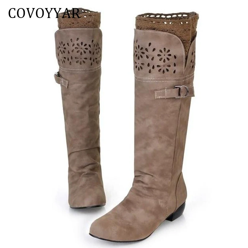 

COVOYYAR Winter Boots 2018 Autumn Low Heel Knee High Boots Women Cut Out Flower Buckle Women Shoes Big Sizes 34-43 WBS399
