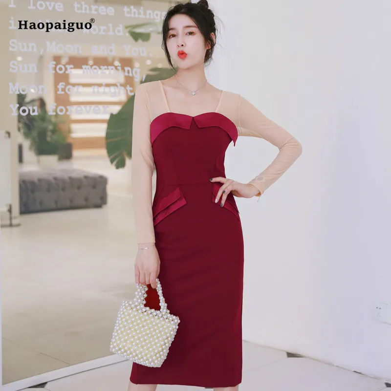 Dress Solido Festa Rosso Senza Bretelle Borgogna Ginocchio Di Manicotto lunghezza Nuziale Donne Club Della 2018 Pieno Wrap Del Autunno Dritto Vestito Abiti Vestido wZ40nYqUSx