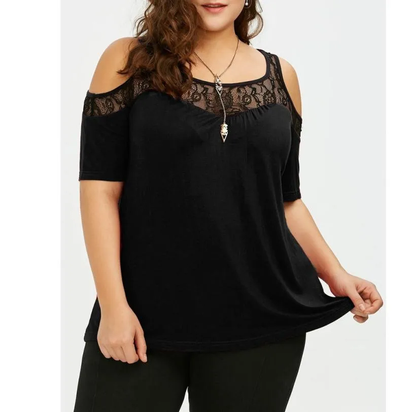 Plus Size 5XL Lace Trim V Neck Cold Shoulder Flowy Top Femme Lace Crochet Vintage Shirt Women 