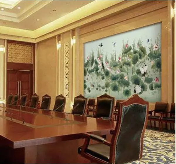 

Hot sales Classic elegant Hand-painted silk wallpaper painting lotus with birds wallcovering many arts and background optional