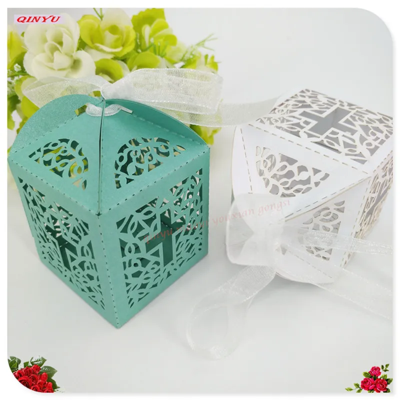 10Pcsset  Cross shape Laser Cut Hollow Carriage Favors Gifts Candy Boxes With Ribbon Baby Shower Wedding Party Supplies 5Z (16)