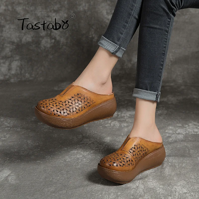 

Tastabo Genuine Leather Women's slippers wear-resistant outsole design Caramel Black S19685 Casual style beach shoes Daily shoes