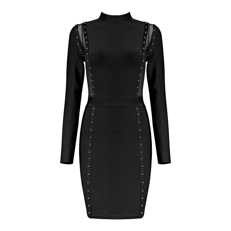 Новое дизайнерское платье с круглым вырезом и заклепками, сексуальное Сетчатое платье с длинным рукавом в стиле пэчворк, бодикон, женское платье знаменитостей для вечеринки, Vestido HL - Цвет: Черный