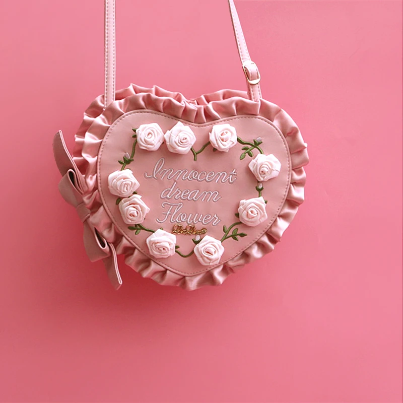

2018 New Sweet Teenage Girl Crossbody Shoulder Bag Women Rose Flower Embroidery Bag Cute Lolita Style Love Shape Small Bag