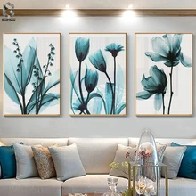 Pintura de lona nórdica, póster de flores, impresión artística de pared floral azul para sala de estar Vintage, Cuadros decorativos para pared