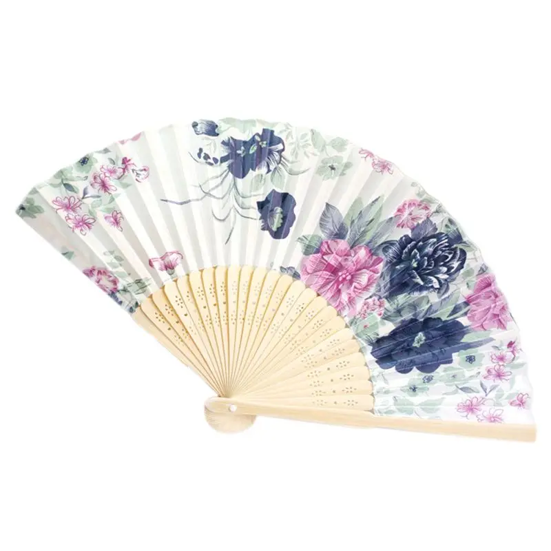 

Bamboo Frame Floral Pattern Oriental Summer Dancing Folding Fan White Beige