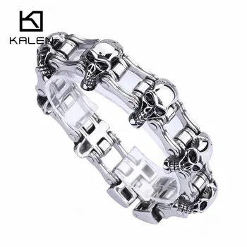 

Kalen 316 Stainless Steel 7 Skull Heads Charm 215mm Bracelet For Men Punk Linking Ghost Hand Chain Homme Bracelet Gothic Jewelry