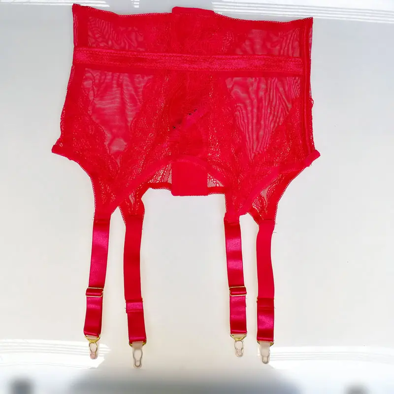 Sexy Garters Red Lace Flower Women Sexy Suspender Belts High Waist Wide Strap Metal Buckles Garter Belt for Stockings GA1145
