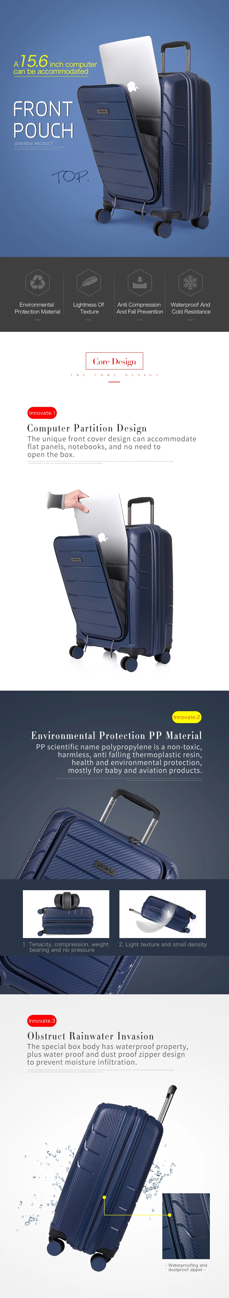 travel high quality luggage business PP material suitcase rolling spinner wheels luggage computer bag