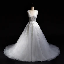 White V Neck Pearls Beading Alencon Lace A Line Tulle V Backless Wedding Dress Bridal Gown