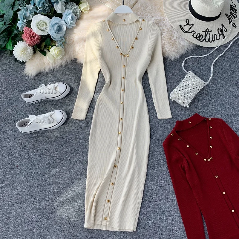 

Amolapha Women 2019 Buttons Halter Long Sleeve Knitting Dress Vestioes Woman Ladies Soild Sheath Knit Dresses