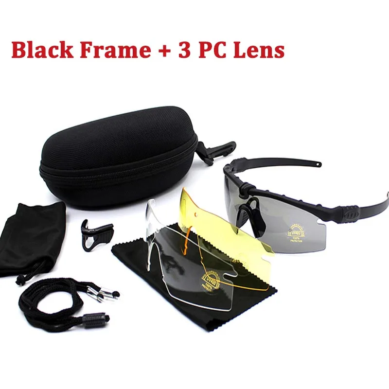 Спортивные поляризационные тактические очки, военные очки, армейские солнцезащитные очки с 4 линзами, мужские защитные очки для стрельбы, мотоциклетные очки - Цвет: Black Frame 3 Lens