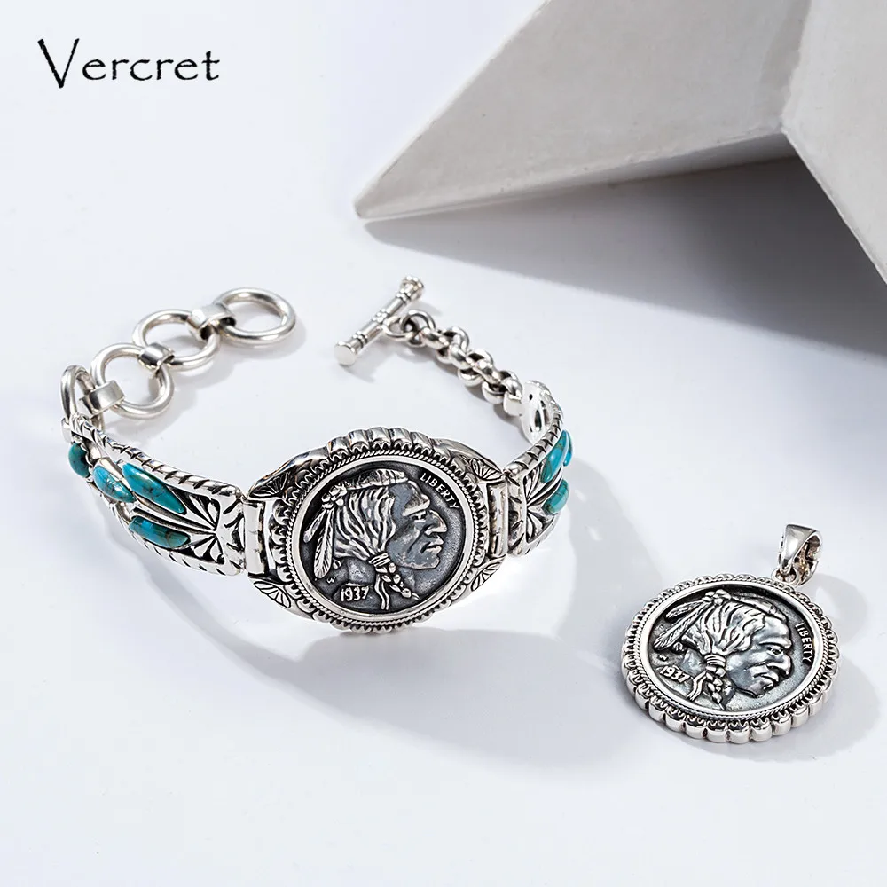 

Vercret Native American 925 Silver Jewelry Turquoise Bracelet Bangle for 1937 81st Birthday Indian Head Buffalo Nickel Bracelet