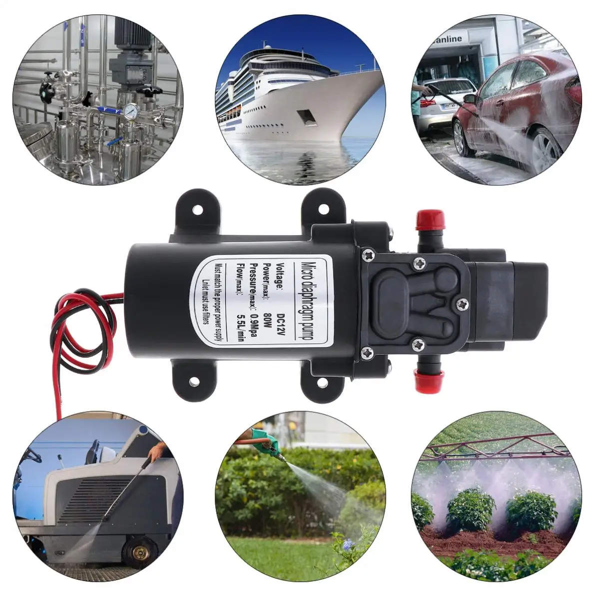 12V 80W 5.5L/min Self-suction Durable Diaphragm High Pressure Electric Car Wash Pump with  Red Dust Cap for Car / Home / Garden high pressure car washer