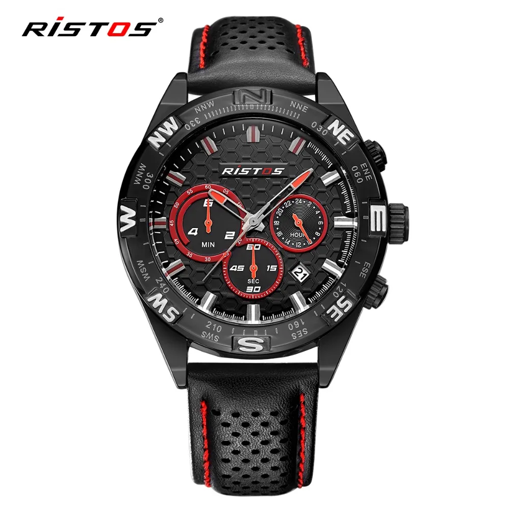 RISTOS Chronograph Sport Men Watch Top Brand Luxury Calendar Leather Quartz Watches Male Military Fashion Date