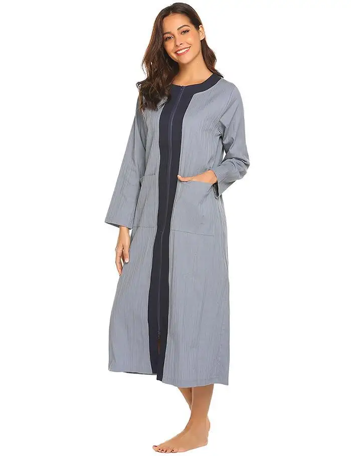 Ekouaer пижама с длинными рукавами платье Для женщин Ночная рубашка с круглым вырезом свободные Повседневное карман на молнии в стиле пэчворк