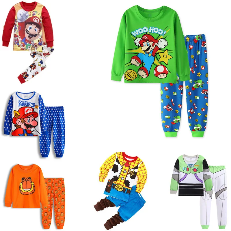 

Super Mario Bros Garfield Pajamas Casual Sets Cotton Full Sleeves T shirt + Pants Boys Girls Children Clothing SA1397