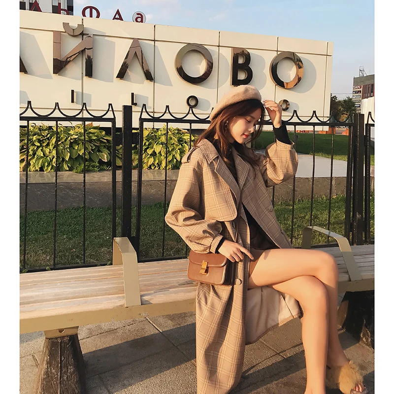 

Mishow women 2018 Women plaid mid-long coat long sleeve overcoat loose outwear female spring autumn trench coats MX18C7334