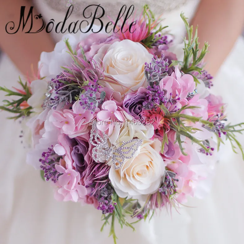 Modabelle невесты Buque De Noiva искусственные розы цветы пиона розового и фиолетового цветов Букеты Свадебные Бабочка Брошь букет невесты