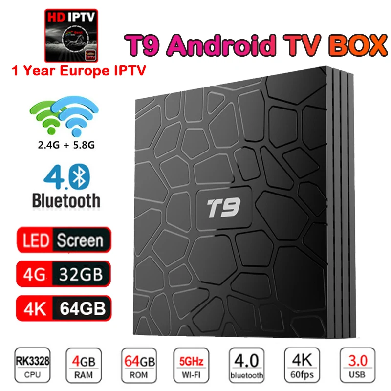

IPTV subscription T9 Android 9.0 TV box GB Ram 64GB/32GB Rom Rockchip RK3328 Quad-Core 1080P 4K H.265 double wifi BT Set Top Box