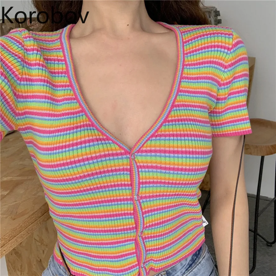 

Korobov Summer Striped Hit Color Short Sleeve T Shirt Korean Knit V Neck Crop Top T Shirts Sweet Kawaii Women T-Shirt 78186
