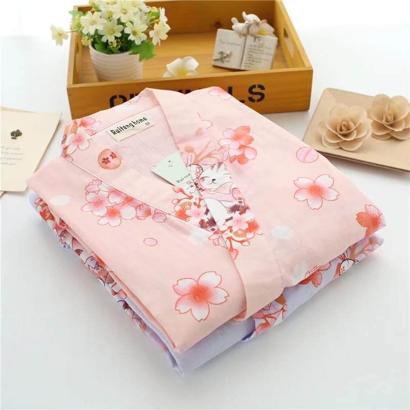 Свежий цветок 100% хлопок удобные японские кимоно женские пижамы наборы короткий рукав хан пар, спа халаты Женская пижама Femme