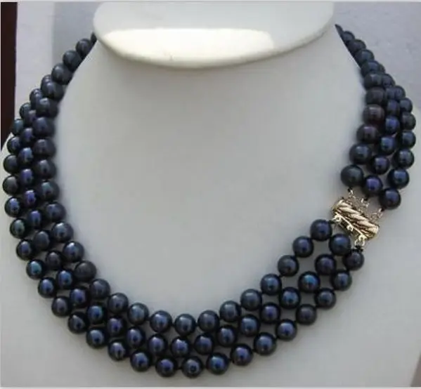 

triple strands 8-9mm natural tahitian black pearl necklace 18-20inch 14KGP