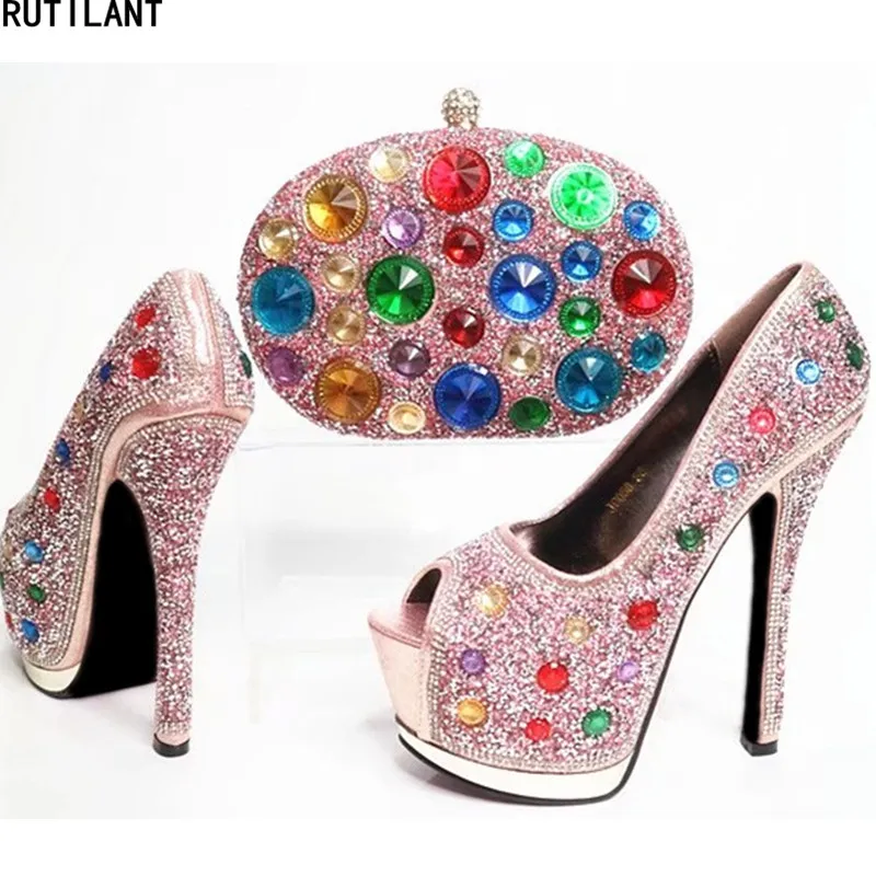 Noir Dames Strass Ensemble or Parti De Clair Chaussures bleu Africain Sac Décoré Mariage vert jaune Avec Italiennes pourpre Italien Femmes rose Et wxzq68xCB