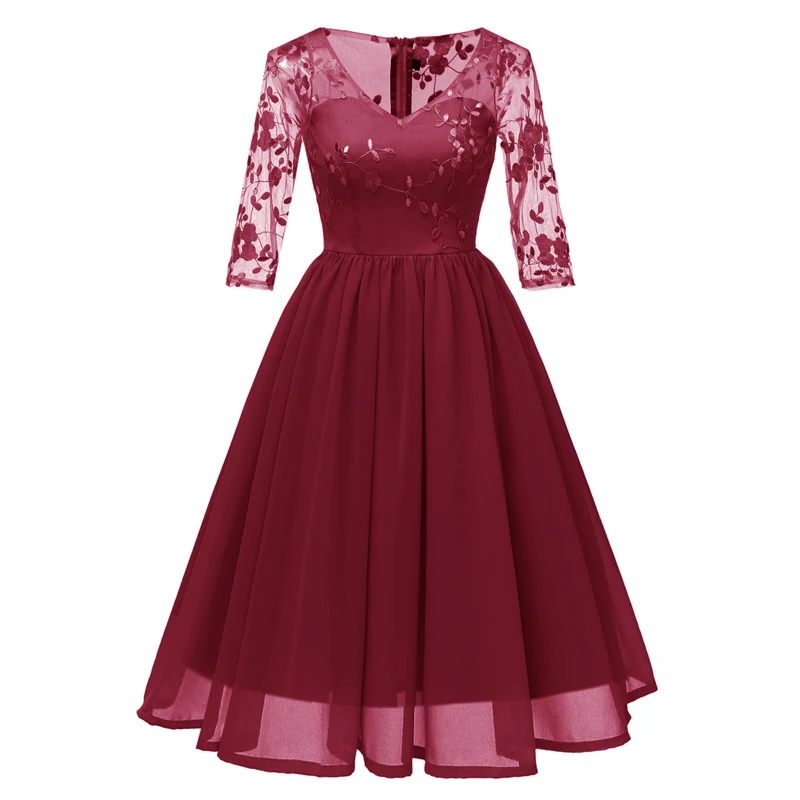 

Vintage Embroidery Lace Party Dress 2019 Autumn Women Clothes Chiffon V-Neck Fashion Midi Evening Wedding Elegant Formal Dresses