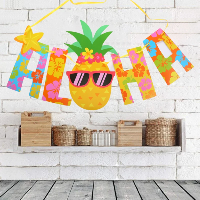 Home Decor Pineapple Decor Hawaii Pennant Hanging Banners Gold Birthday Gift Glitter Festival Stickers Letter Colorful Tropical