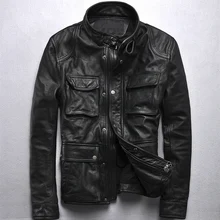 Мужская куртка из натуральной кожи, Воловья кожа, локомотив, одежда на молнии, стоячий воротник, приталенное черное молодежное зимнее пальто