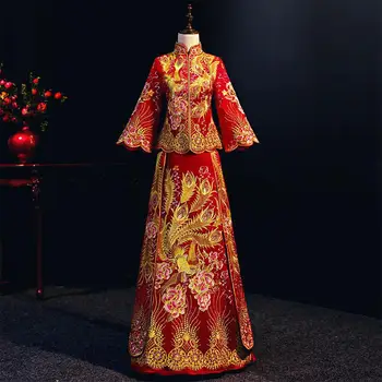 

Asian Women Qipao Suzhou Embroidery Phoenix Cheongsam Costume Noble Long Sleeve Bride Wedding Dress Toast Suit Clothing