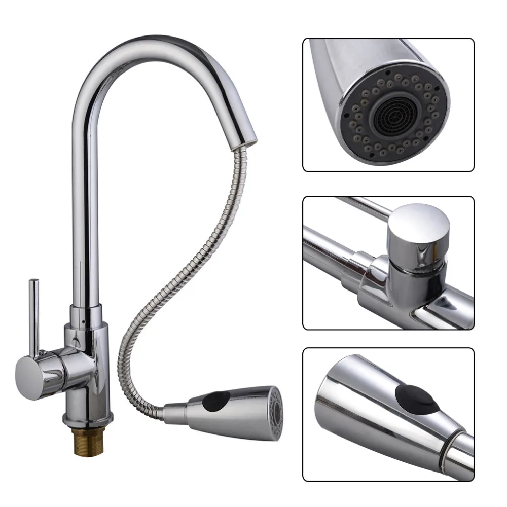 

High Quality No Rust Water Streamlined Design Ceramic Valve 16" Pull-Out Chrome Kitchen Sink Faucet Spray Swivel One Handle