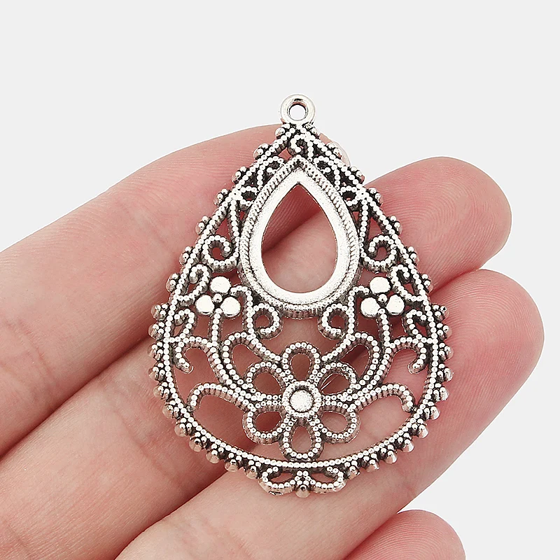 

6PCS Vintage Silver Hollow Open Filigree Waterdrop/Teardrop Shape Charm Pendant Trays Cameo Cabochon Base Settings DIY Necklace