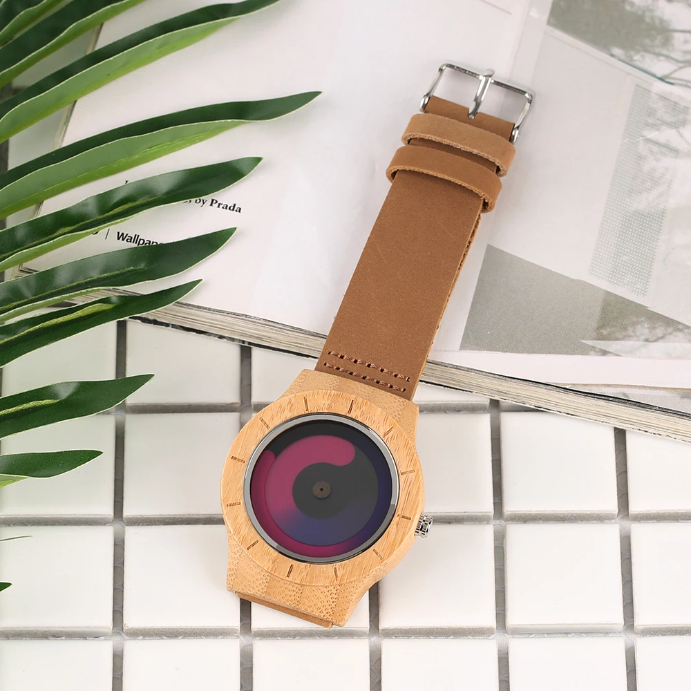 YISUYA Blue Turntable Men's Bamboo Wooden Wrist Watch Women Unisex Quartz Novel Wood Clock Genuine Leather Band Strap Watch Gift (22)