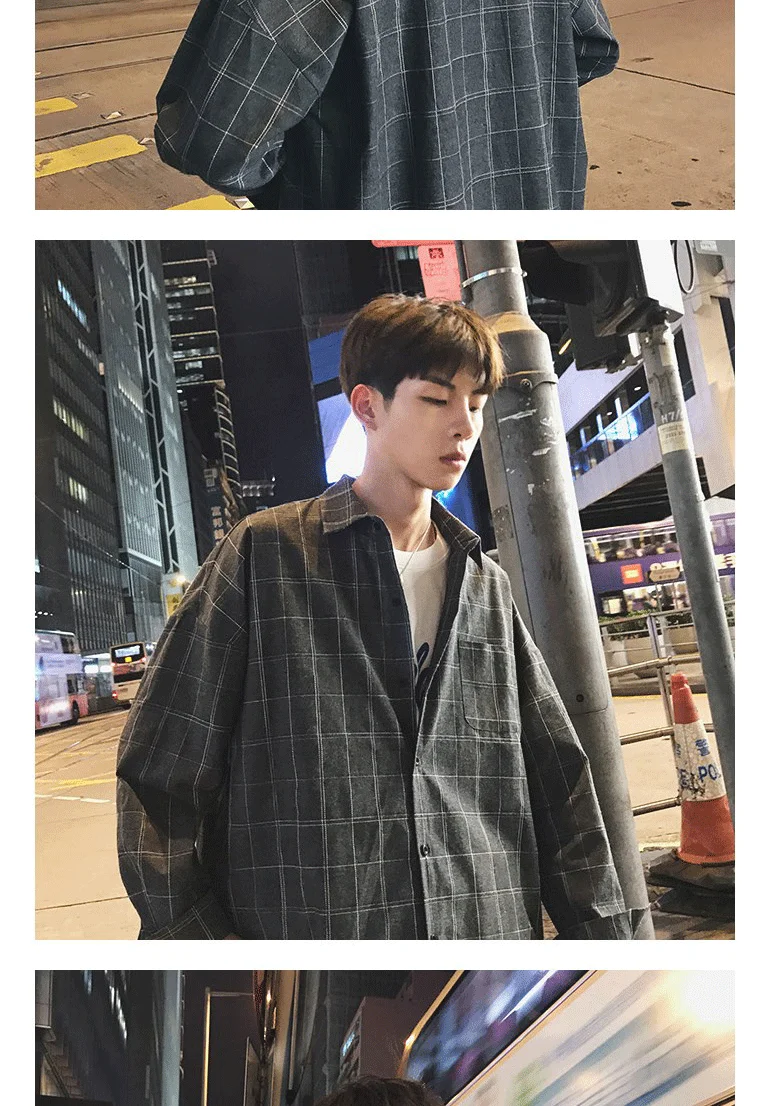 Новая мода Корея стиль негабаритных повседневная мужская клетчатая рубашка