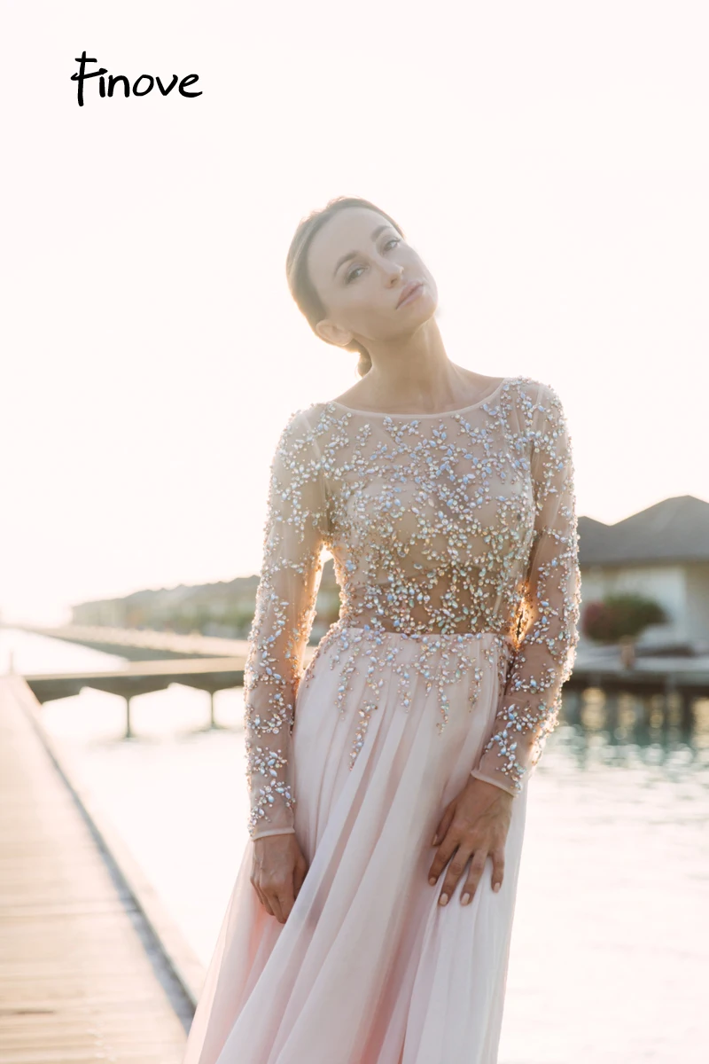 Finove Prom Dresses Long 2020 Long Sleeve Crystals Beading By Hand Sexy See-through A-Line Bridesmaid Dresses Robe de Soiree
