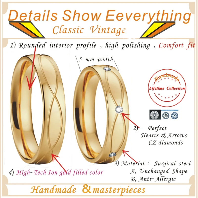 Gypsy Setting Gold Color Wedding Band Engagement Couples Rings pair Men Women's rings anel ouro anillos 6pcs cz stones (5)
