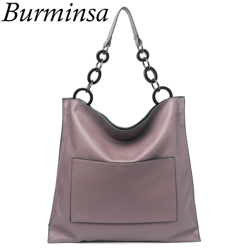 

Burminsa 100% Genuine Leather Bags For Women Big Soft Hobo Unique Ring Chain Handle Ladies Shoulder Messenger Bags NEW 2019