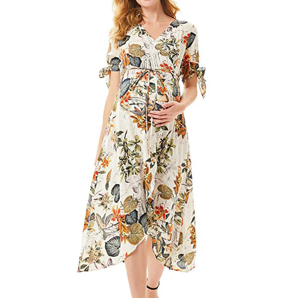 

MUQGEW Maternity Dresses Short Sleeve Floral Print Pregnancy Nursing Long Dress Fashion Clothes For Pregnant Women Vestidos