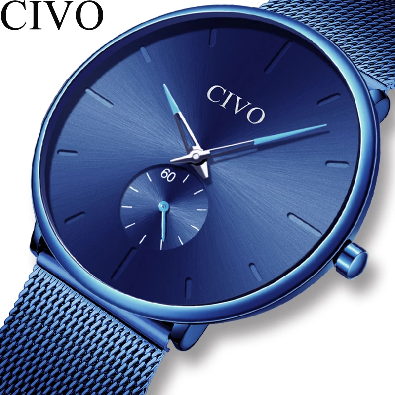 

CIVO Mens Fashion Quartz Watches Men Sport Waterproof Watch Clock Ultra Thin Minimalist Blue Stainless Steel Mesh Wristwatches