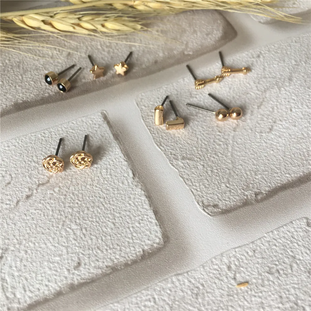 

CUTE EARRINGS SET GOLD COLOR PLATING SMALL BALL STICK STAR ARROW FLOWER BLACK STONE 6 PAIR STUD EARRING SET FOR WOMEN GIRL