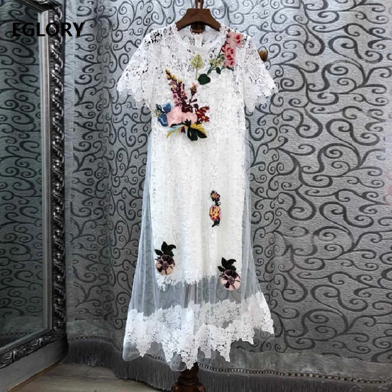 

Top Grade Fashion Party Evening Vestidos Women Tulle Mesh Lace Embroidery Patchwork Short Sleeve Bodycon Sheath Lace Dress Midi