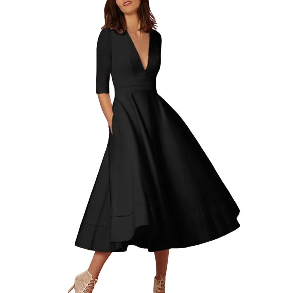 Sexy Deep V Neck Lady Dress Women's Vintage Long Gown Prom Ladies Ever Party Swing Dress Elegant Clothes For Spring A1